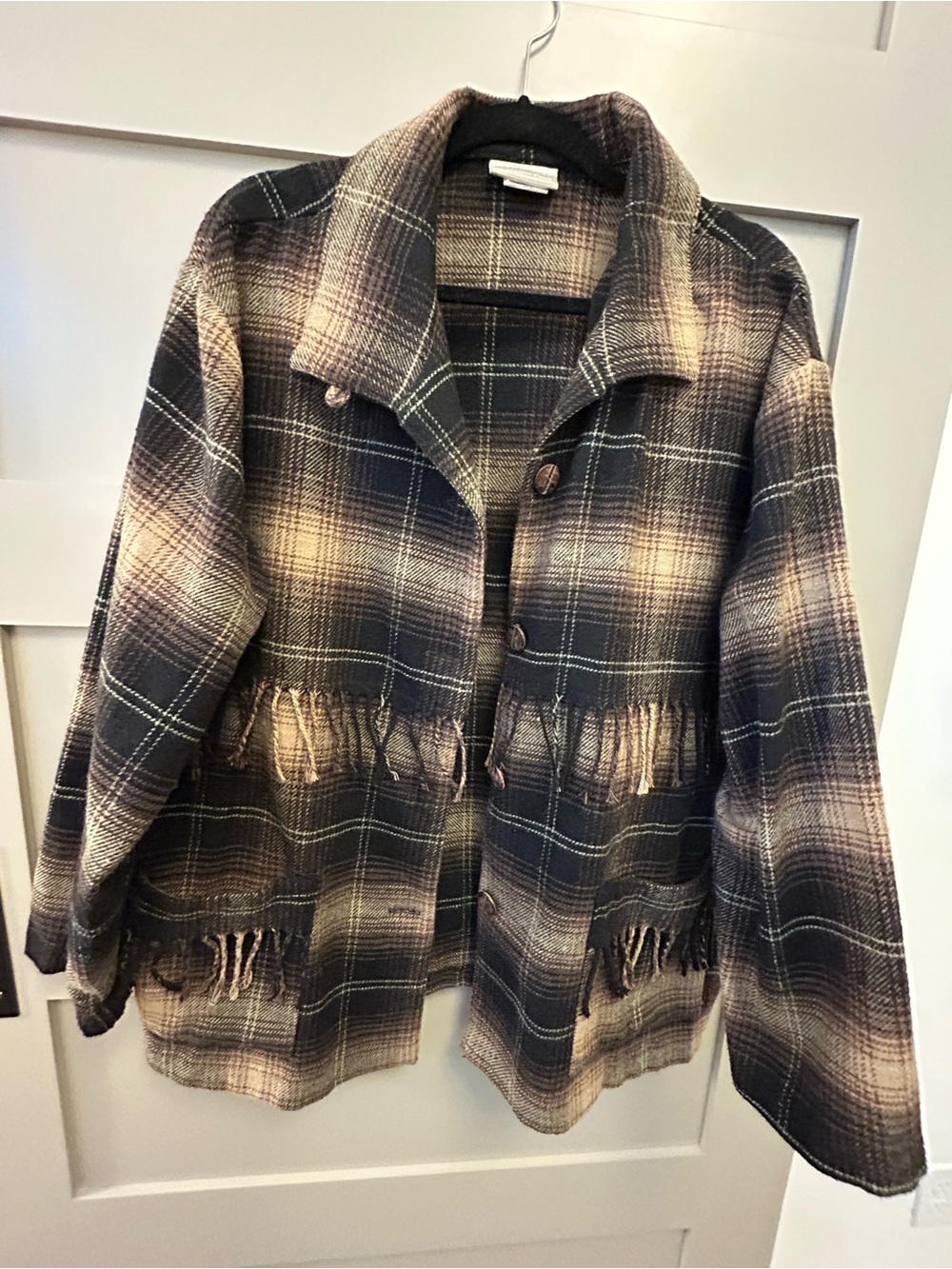 Fringed Plaid Button-Front Blazer Jacket - Taupe & Black